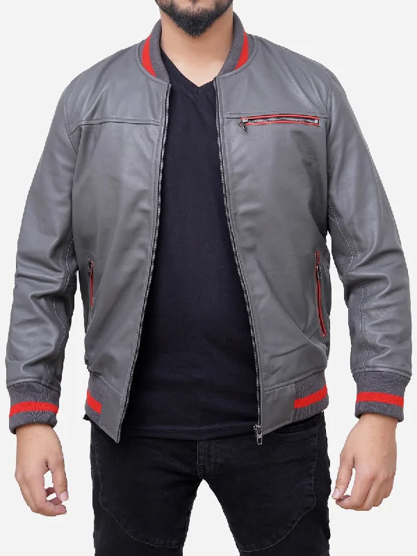 Adam Classic Slim Fit Grey Leather Bomber Jacket