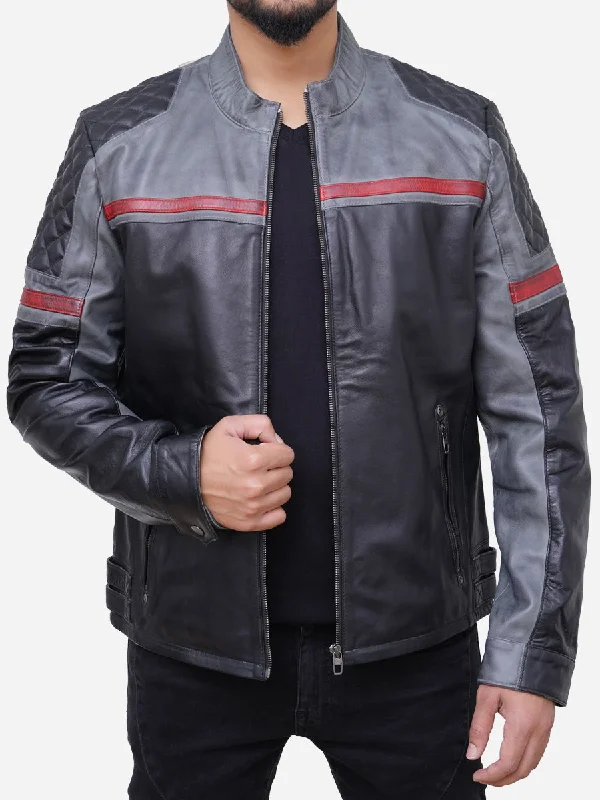 David Grey Leather Retro Style Motorcycle Jacket