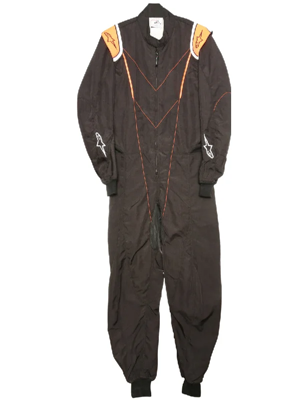 Floral Prints Front Zipper Black Boiler Suit - L