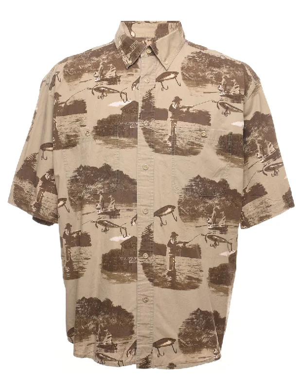 Casual Chic Outfits Olive Green & Light Brown Landscape Design Short-Sleeved Shirt - XL