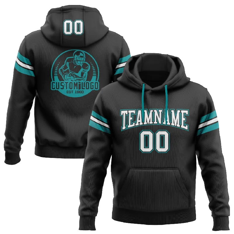 Everyday Style Custom Stitched Black White-Aqua Football Pullover Sweatshirt Hoodie