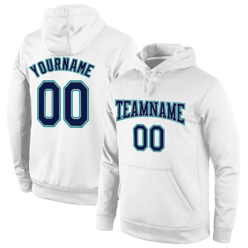 Sports Design Custom Stitched White Navy-Aqua Sports Pullover Sweatshirt Hoodie