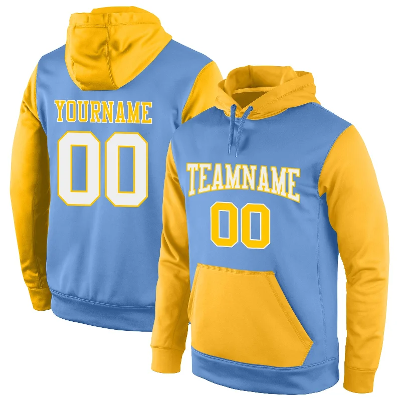 Luxury Style Custom Stitched Light Blue White-Gold Sports Pullover Sweatshirt Hoodie
