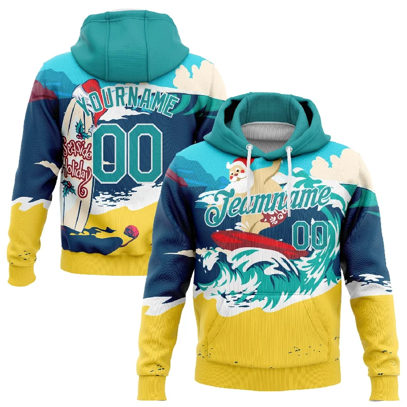 Soft Trends Custom Stitched Navy Aqua-Gold 3D Tropical Christmas Seaside Holiday Surfing Santa Sports Pullover Sweatshirt Hoodie Soft Trends Custom Stitched Navy Aqua-Gold 3D Tropical Christmas Seaside Holiday Surfing Santa Sports Pullover Sweatshirt Hoodie
