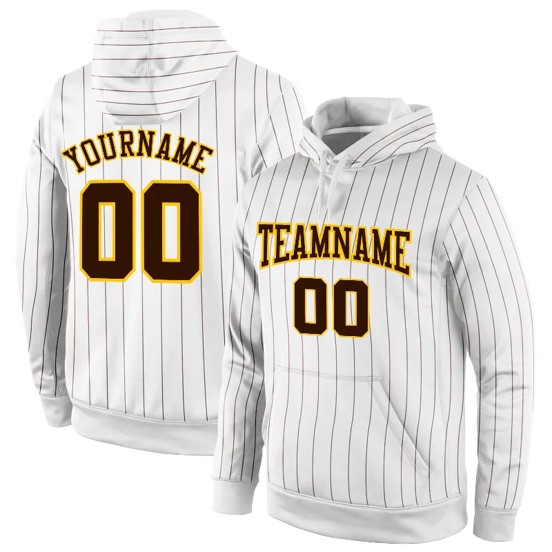 Integrated Design Custom Stitched White Brown Pinstripe Brown-Gold Sports Pullover Sweatshirt Hoodie Integrated Design Custom Stitched White Brown Pinstripe Brown-Gold Sports Pullover Sweatshirt Hoodie