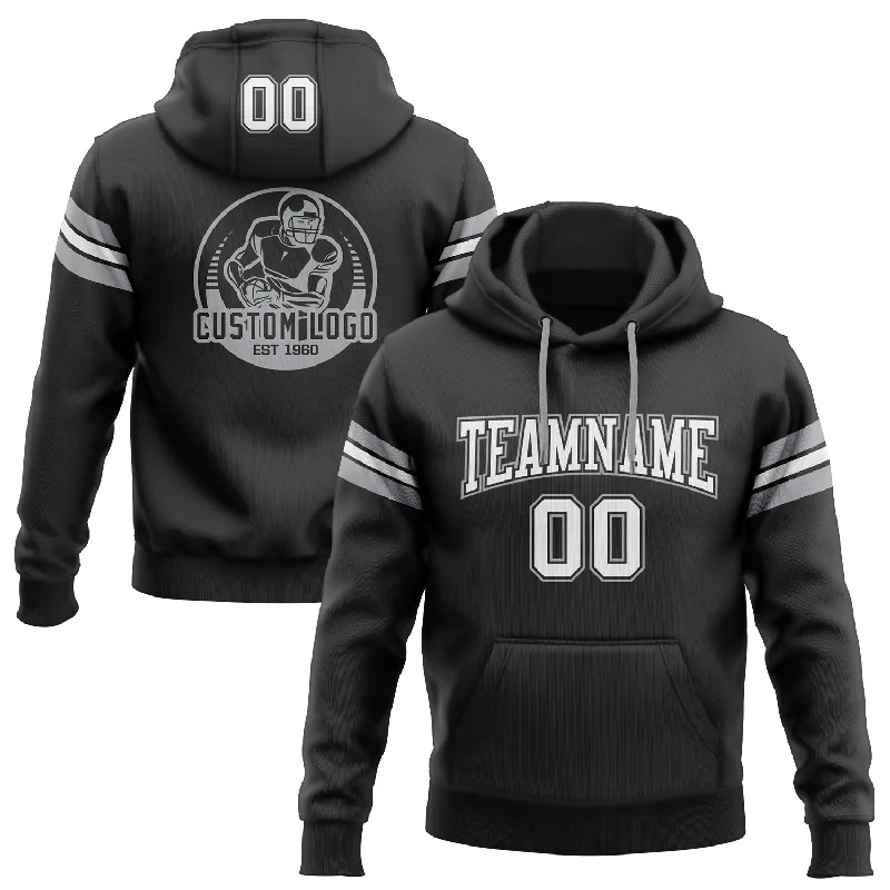Comfortable Tops Custom Stitched Black White-Gray Football Pullover Sweatshirt Hoodie