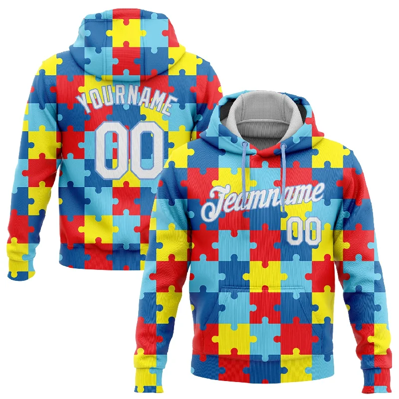 Playful Style Custom Stitched Autism Awareness Puzzle Pieces White-Light Blue 3D Pattern Design Sports Pullover Sweatshirt Hoodie Playful Style Custom Stitched Autism Awareness Puzzle Pieces White-Light Blue 3D Pattern Design Sports Pullover Sweatshirt Hoodie