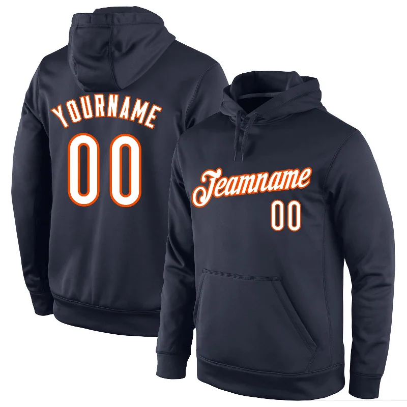 Unique Design Custom Stitched Navy White-Orange Sports Pullover Sweatshirt Hoodie