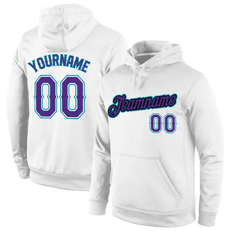 Casual Style Custom Stitched White Purple-Teal Sports Pullover Sweatshirt Hoodie