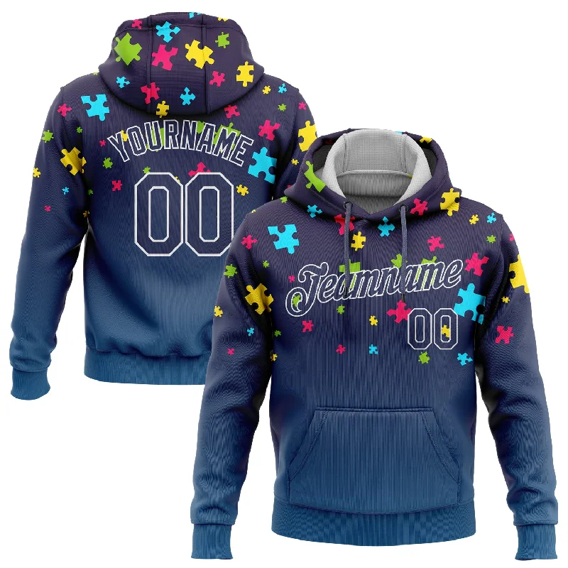 Lazy Style Custom Stitched Autism Awareness Puzzle Pieces Navy-White 3D Pattern Design Sports Pullover Sweatshirt Hoodie Lazy Style Custom Stitched Autism Awareness Puzzle Pieces Navy-White 3D Pattern Design Sports Pullover Sweatshirt Hoodie