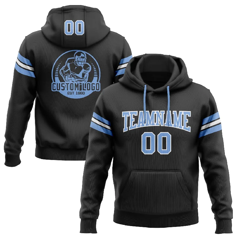 Light Comfort Custom Stitched Black Light Blue-White Football Pullover Sweatshirt Hoodie Light Comfort Custom Stitched Black Light Blue-White Football Pullover Sweatshirt Hoodie