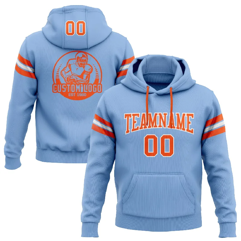 Comfort Fit Custom Stitched Light Blue Orange-White Football Pullover Sweatshirt Hoodie Comfort Fit Custom Stitched Light Blue Orange-White Football Pullover Sweatshirt Hoodie