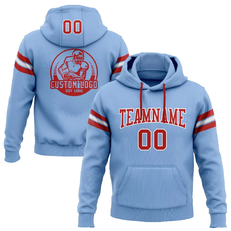 Soft Touch Custom Stitched Light Blue Red-White Football Pullover Sweatshirt Hoodie