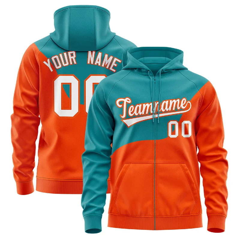 Personalized Series Custom Aqua Orange Color Block Varsity Full-Zip Letterman Wave Hoodie Jacket Personalized Series Custom Aqua Orange Color Block Varsity Full-Zip Letterman Wave Hoodie Jacket