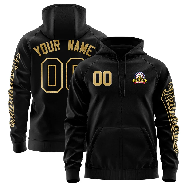 Effortless Wear Custom Black Old Gold Varsity Full-Zip Letterman Classic Hoodie Jacket Effortless Wear Custom Black Old Gold Varsity Full-Zip Letterman Classic Hoodie Jacket