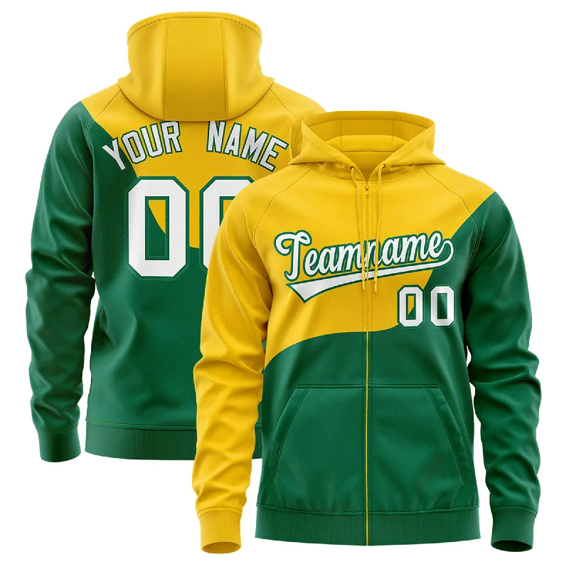 Relaxed Weekend Wear Custom Gold Kelly Green Color Block Varsity Full-Zip Letterman Wave Hoodie Jacket Relaxed Weekend Wear Custom Gold Kelly Green Color Block Varsity Full-Zip Letterman Wave Hoodie Jacket