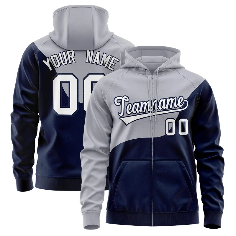 Cool Breeze At Night Custom Gray Navy Color Block Varsity Full-Zip Letterman Wave Hoodie Jacket Cool Breeze At Night Custom Gray Navy Color Block Varsity Full-Zip Letterman Wave Hoodie Jacket