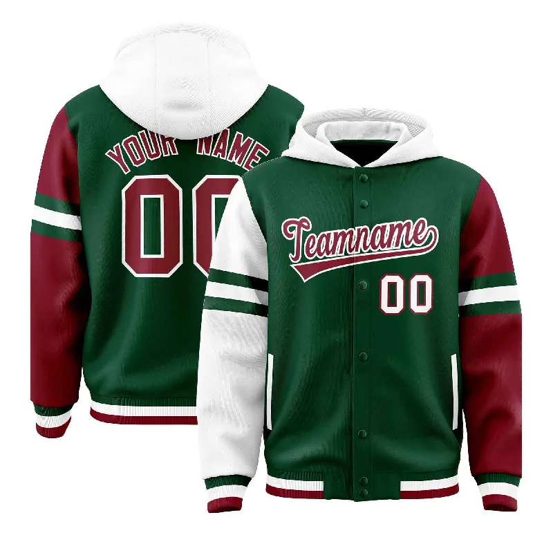 Custom Green White-Crimson Raglan Sleeves Varsity Full-Snap Letterman Three Stripes Hoodie Jacket