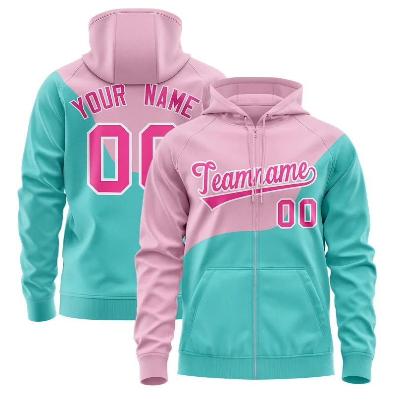 High-quality Styles Custom Light Pink Bright Green Color Block Varsity Full-Zip Letterman Wave Hoodie Jacket High-quality Styles Custom Light Pink Bright Green Color Block Varsity Full-Zip Letterman Wave Hoodie Jacket