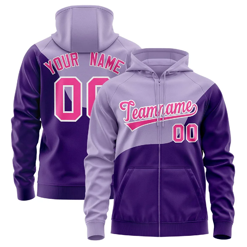 Bright Colors Custom Light Purple Purple Color Block Varsity Full-Zip Letterman Wave Hoodie Jacket Bright Colors Custom Light Purple Purple Color Block Varsity Full-Zip Letterman Wave Hoodie Jacket