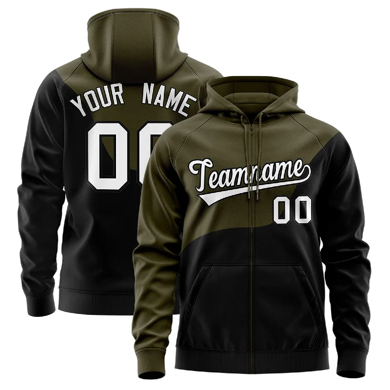 Relaxed And Casual Custom Olive Black Color Block Varsity Full-Zip Letterman Wave Hoodie Jacket Relaxed And Casual Custom Olive Black Color Block Varsity Full-Zip Letterman Wave Hoodie Jacket