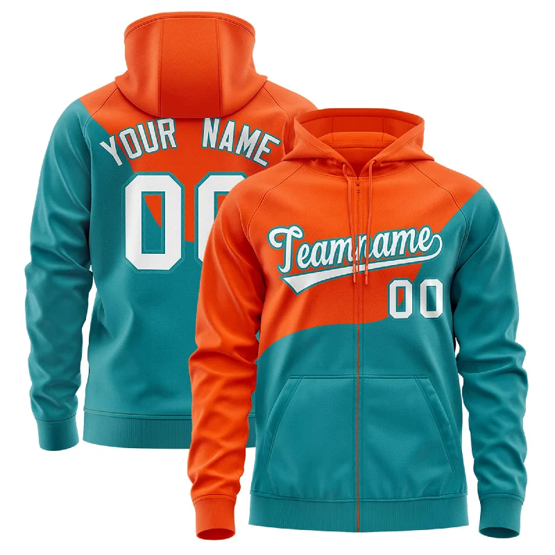 Fashionable In The Times Custom Orange Aqua Color Block Varsity Full-Zip Letterman Wave Hoodie Jacket Fashionable In The Times Custom Orange Aqua Color Block Varsity Full-Zip Letterman Wave Hoodie Jacket