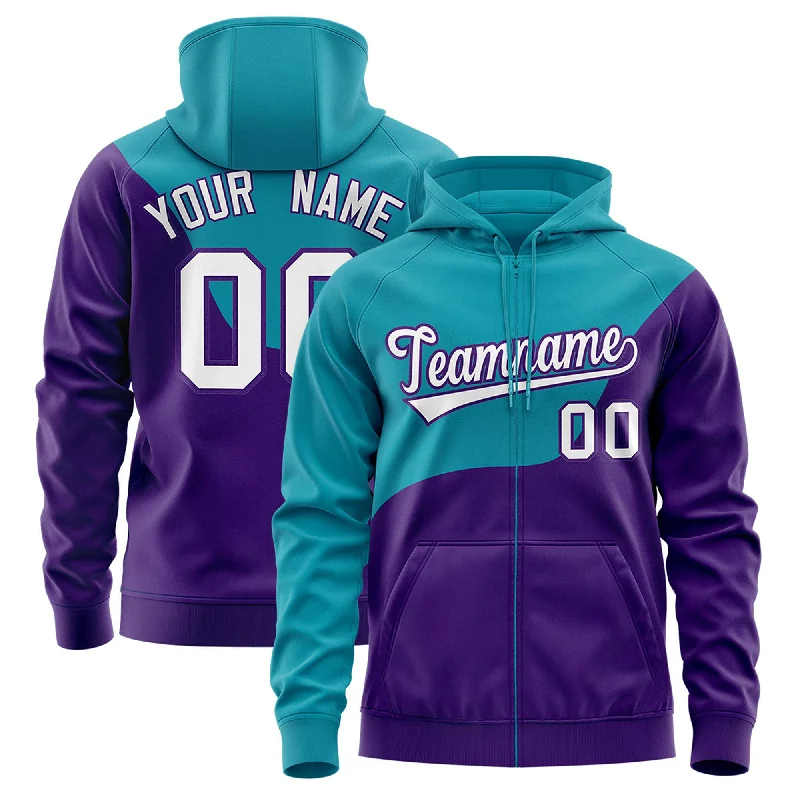 Personal Design Custom Teal Purple Color Block Varsity Full-Zip Letterman Wave Hoodie Jacket Personal Design Custom Teal Purple Color Block Varsity Full-Zip Letterman Wave Hoodie Jacket