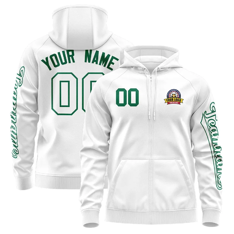 Versatile Casuals Custom White Kelly Green Varsity Full-Zip Letterman Classic Hoodie Jacket Versatile Casuals Custom White Kelly Green Varsity Full-Zip Letterman Classic Hoodie Jacket