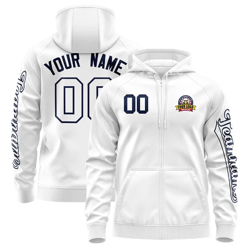 Elegant Fit Custom White Navy Varsity Full-Zip Letterman Classic Hoodie Jacket