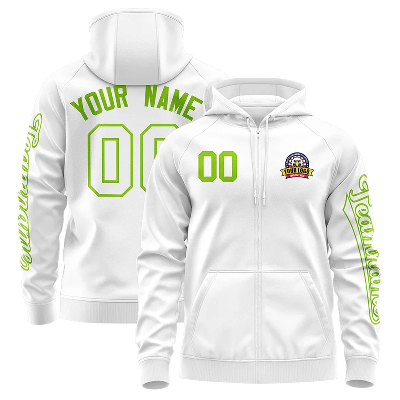 Relaxed Looks Custom White Neon Green Varsity Full-Zip Letterman Classic Hoodie Jacket Relaxed Looks Custom White Neon Green Varsity Full-Zip Letterman Classic Hoodie Jacket