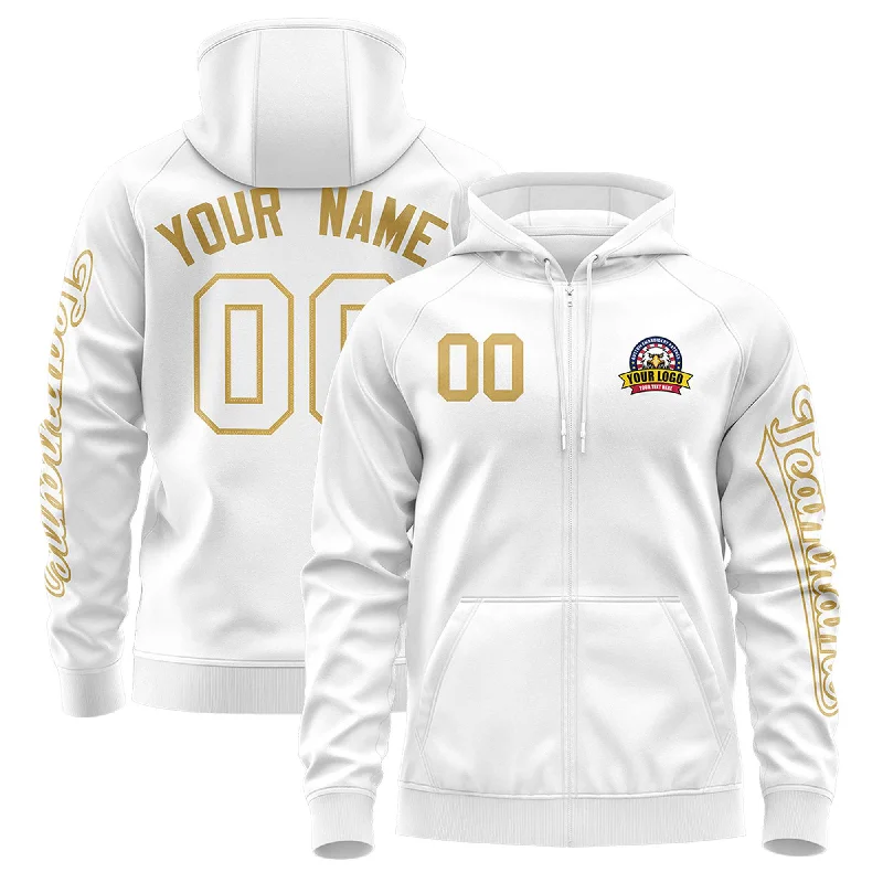 Effortless Outfits Custom White Old Gold Varsity Full-Zip Letterman Classic Hoodie Jacket Effortless Outfits Custom White Old Gold Varsity Full-Zip Letterman Classic Hoodie Jacket
