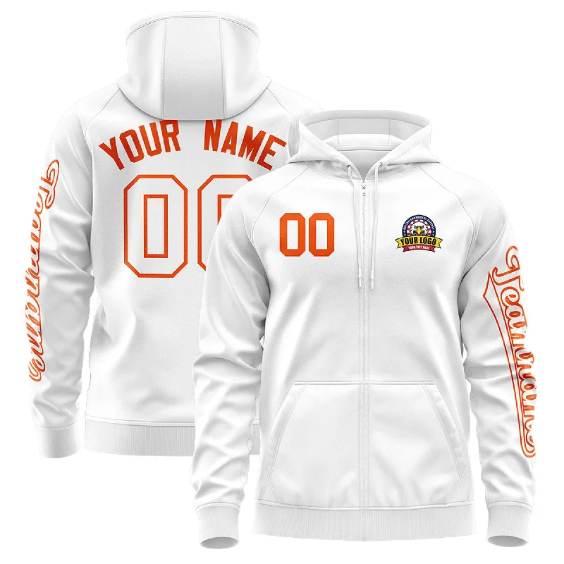 Comfy Chic Wear Custom White Orange Varsity Full-Zip Letterman Classic Hoodie Jacket Comfy Chic Wear Custom White Orange Varsity Full-Zip Letterman Classic Hoodie Jacket