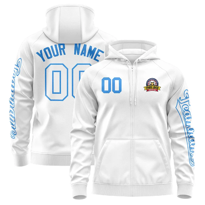 Simple Comfort Custom White Powder Blue Varsity Full-Zip Letterman Classic Hoodie Jacket Simple Comfort Custom White Powder Blue Varsity Full-Zip Letterman Classic Hoodie Jacket