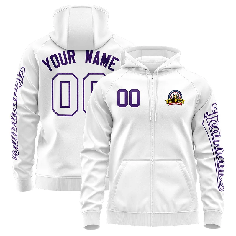 Cozy Fashion Custom White Purple Varsity Full-Zip Letterman Classic Hoodie Jacket