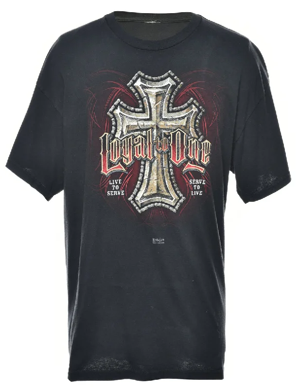 Embroidered Letters Black Printed T-shirt - L