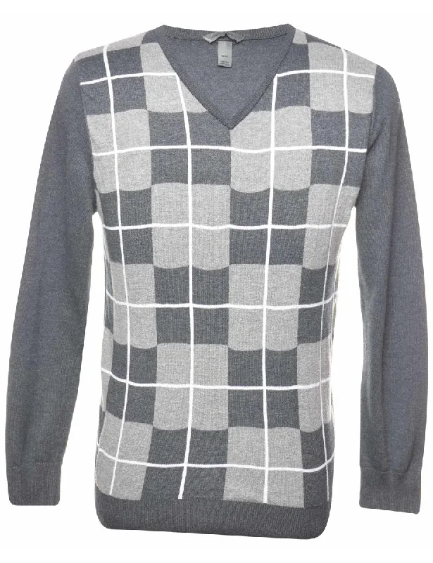 Knitted Design Checked Dark Grey Jumper - M
