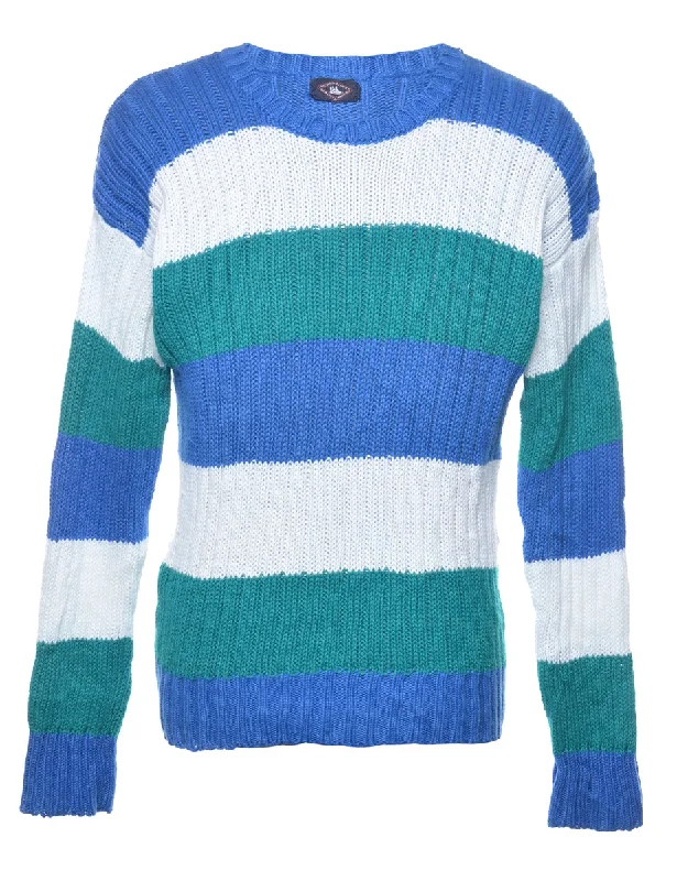 Party Wear Green & Blue Striped Knit Jumper - S