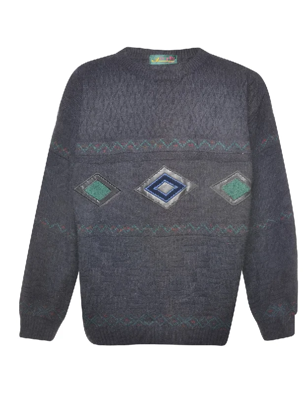 Nightclub Style Grey Embroidered Argyle Design Jumper  - L