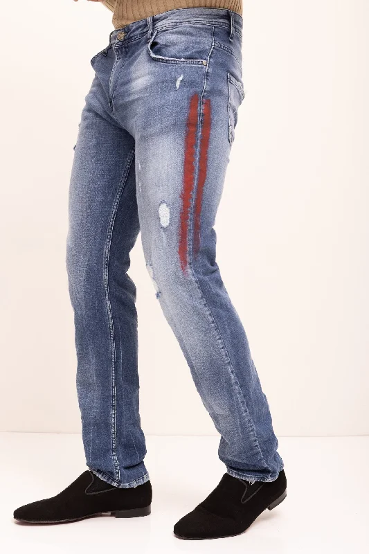 Red Stripe Cotton Denim Distressed Jeans - Indigo