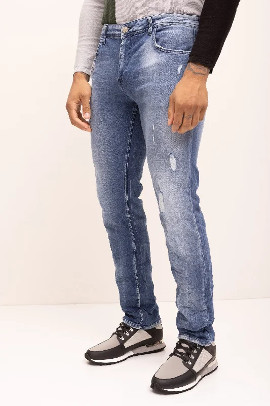 Straight Cut Cotton Denim Distressed Jeans- Indigo