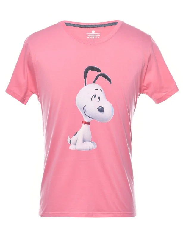 Exquisite Embroidery Pale Pink Snoopy Cartoon T-shirt - M