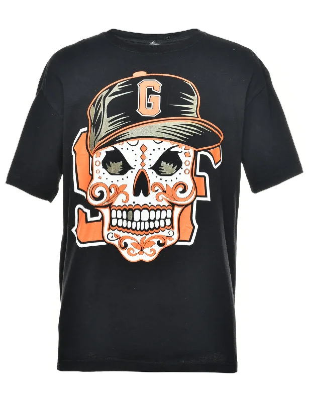 Classic Retro Skull Print Black & Orange T-shirt - L