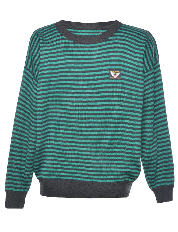 Single-shoulder Neck Design Striped Dark Green & Black Jumper - M
