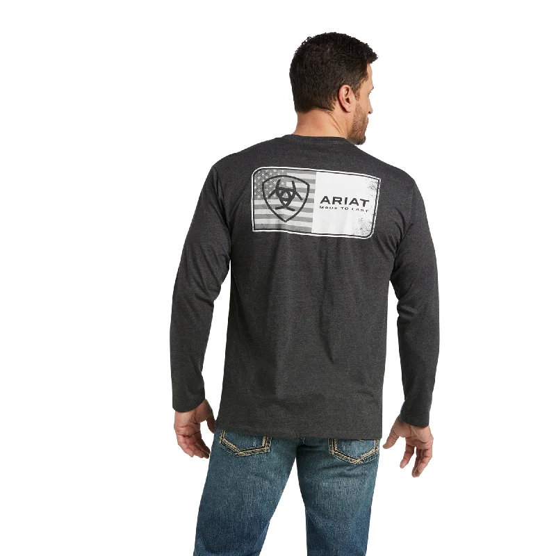 French Style ARIAT CHARCOAL HEATHER FLAG GRAYSCAL LONG SLEEVE T-SHIRT