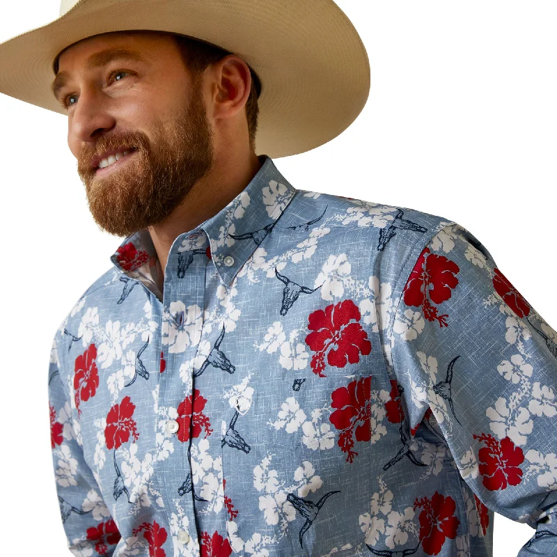 Relaxed Weekend Wear ARIAT MENS ALOHA BLUE & RED FLORAL LONG SLEEVE SHIRT