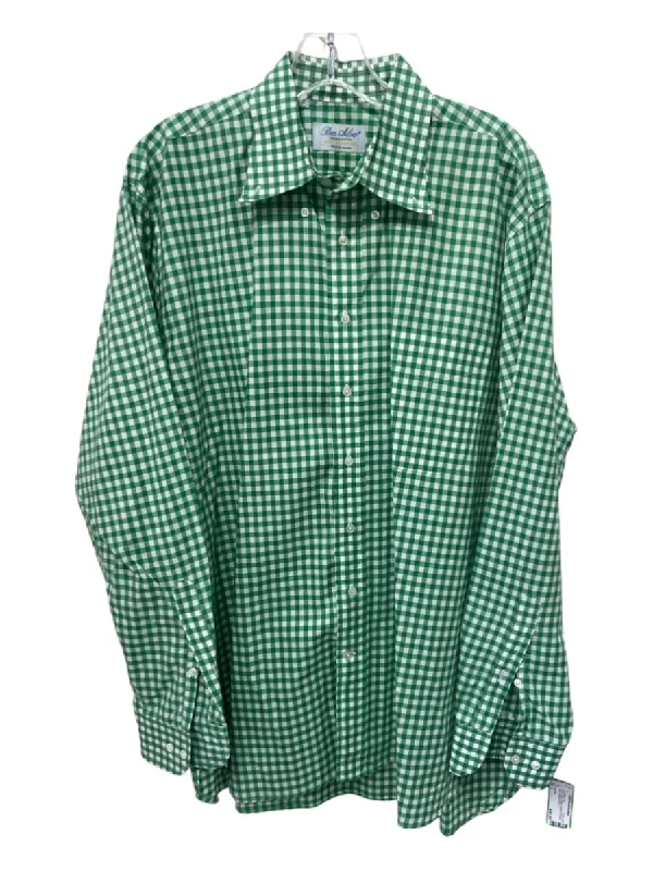 Ben Silver Size L Green & White Cotton Gingham Button Down Long Sleeve Shirt