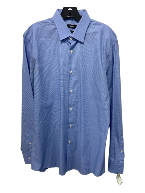 Boss Size 16 Blue Cotton Blend Micro Button Down Men's Long Sleeve Shirt