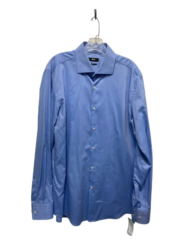 Boss Size 17.5 Blue Cotton Blend Solid Button Down Men's Long Sleeve Shirt