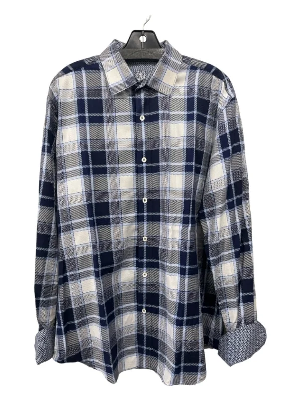 Bugatchi Size L Blue & White Cotton Plaid Collar Men's Long Sleeve Shirt