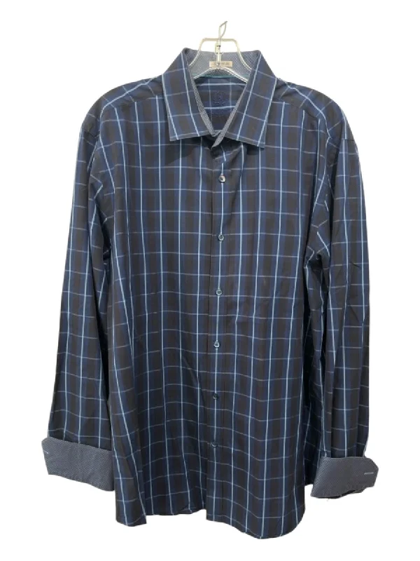 Bugatchi Size L Navy & Black Cotton Checkered Collar Men's Long Sleeve Shirt